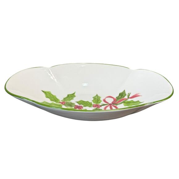 N.S. Gustin Pottery Bread Tray Serving Bowl 13" Holly Christmas USA Discontinued - Picture 3 of 10